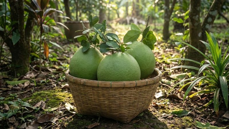 Những quả bưởi da xanh tròn đều cuống còn tươi xanh