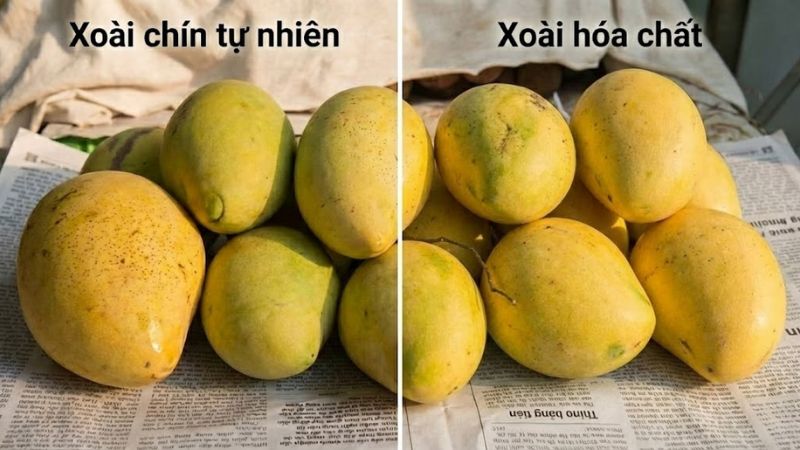 So sánh màu sắc và vỏ quả xoài chín tự nhiên và hoá chất