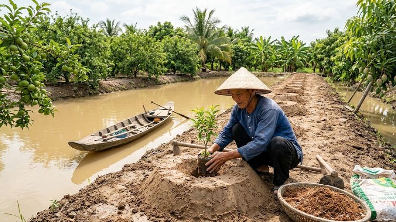 Trồng bầu cây giống mận Tam Hoa xuống mô đất đúng kỹ thuật