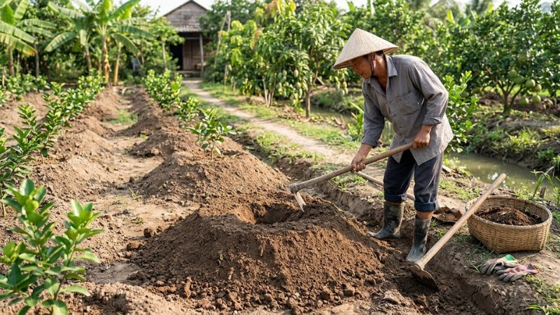 Bác nông dân đang đắp mô đất cao, chuẩn bị hố trồng bưởi da xanh