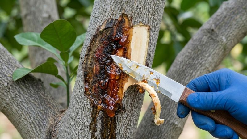 Người nông dân đang dùng dao vạt bỏ phần vỏ bị xì mủ trên thân cây bưởi da xanh