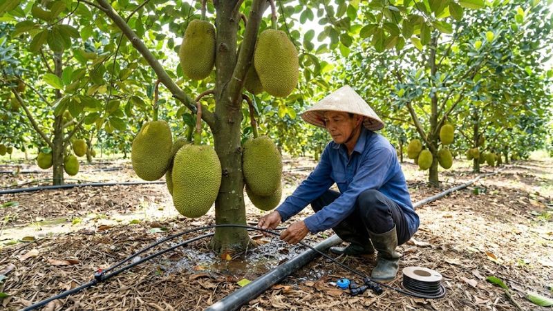 Hệ thống tưới nước dưới gốc cây mít thái đang mang trái