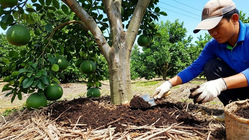Người thợ vườn đang bón phân hữu cơ quanh gốc cây bưởi da xanh