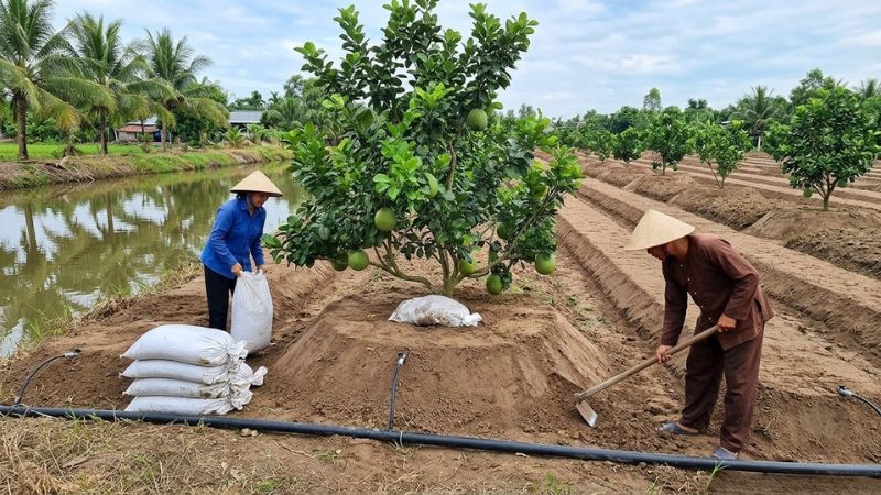 Người nông dân đang đắp mô lên liếp trồng bưởi da xanh
