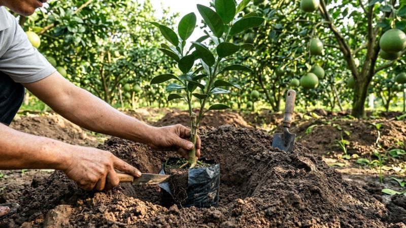 Nông dân đang rạch bầu nilon và đặt cây giống bưởi da xanh xuống mô đất