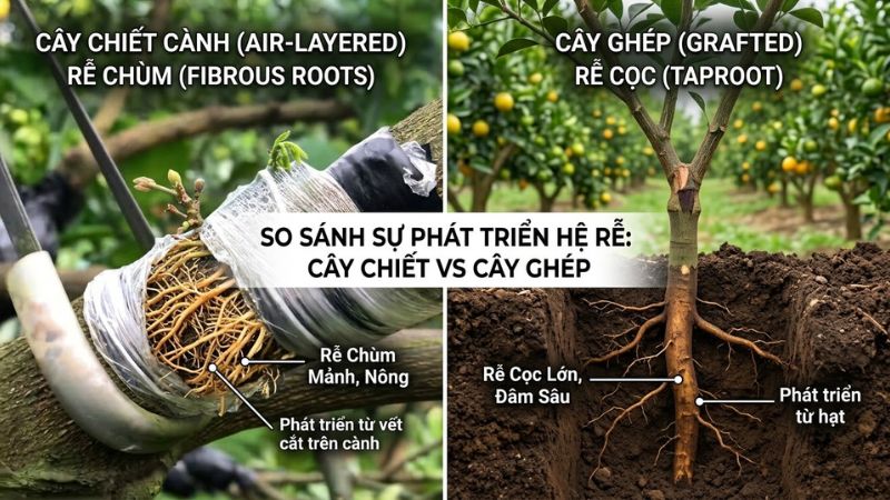 So sánh sự phát triển của bộ rễ chùm trên cây chiết và rễ cọc trên cây ghép