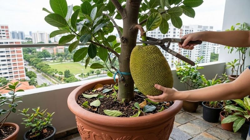Thu hoạch mít thái chín trong chậu