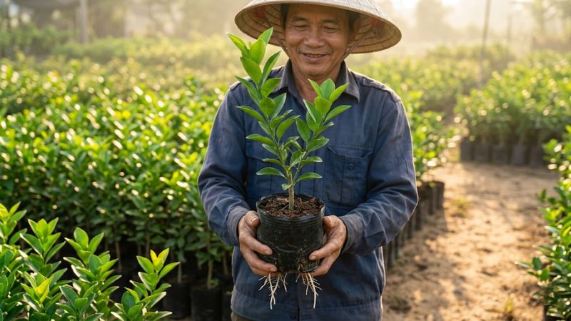 Bác nông dân đang cầm trên tay một bầu cây giống cam sành lá xanh tốt