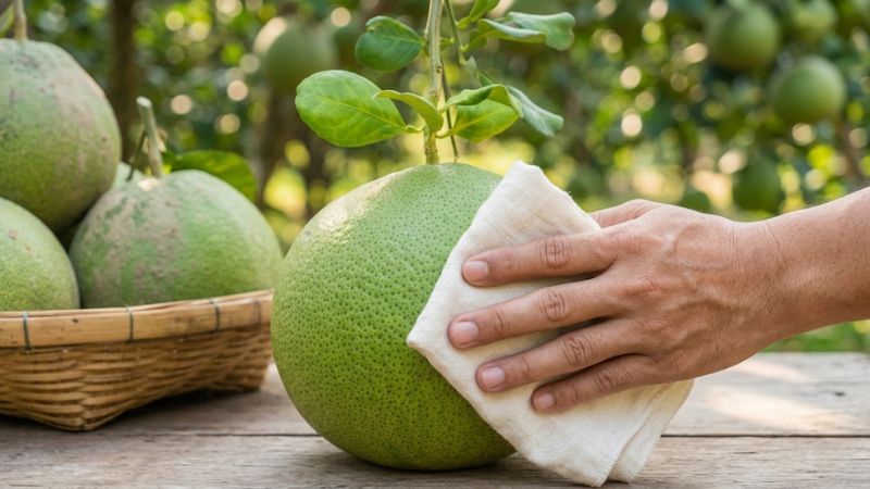 Dùng khăn vải mềm lau nhẹ nhàng bề mặt quả bưởi Năm Roi vừa hái