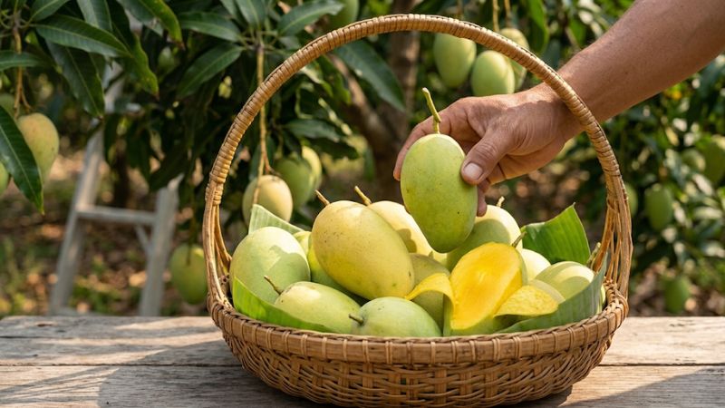 Giỏ đựng trái xoài Cát Chu hái ở vườn