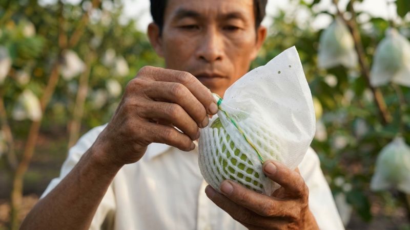 Màng lưới xốp và túi ni lông sau khi bọc quả ổi Đài Loan
