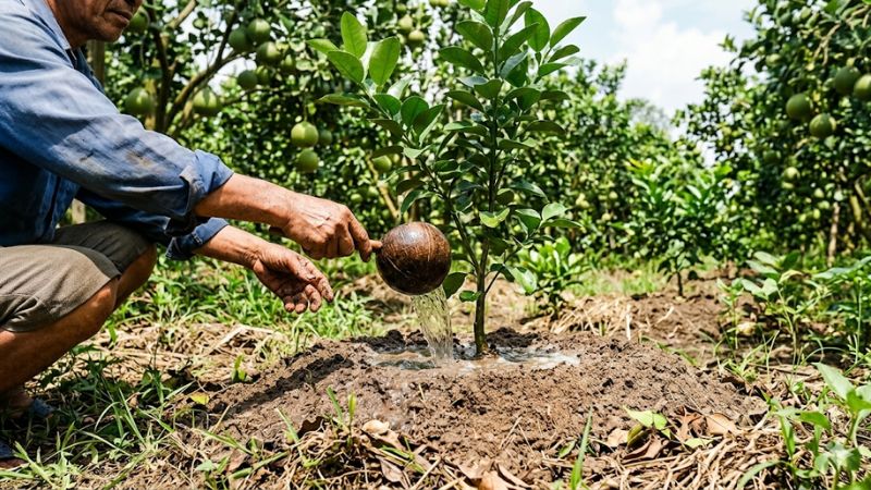 Tưới nước chăm sóc cây bưởi năm roi mới trồng