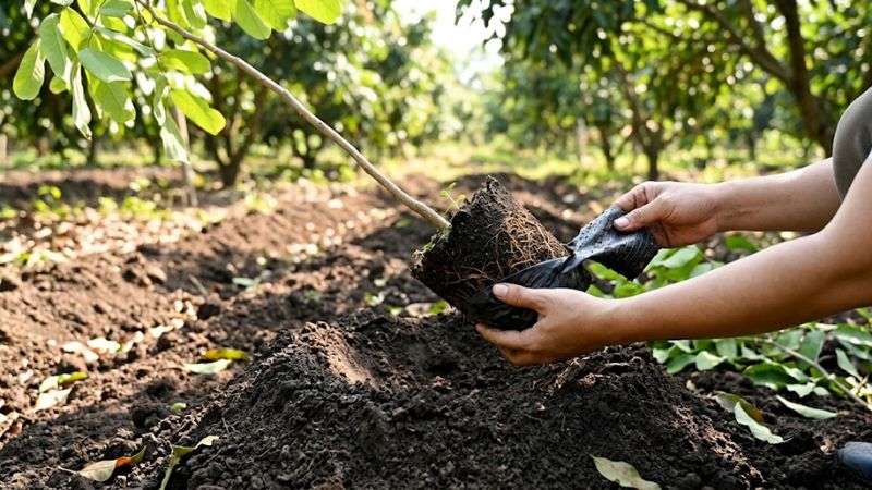 Bỏ lớp bọc bầu ni lông cây nhãn Ido giống rồi trông xuống mô đất