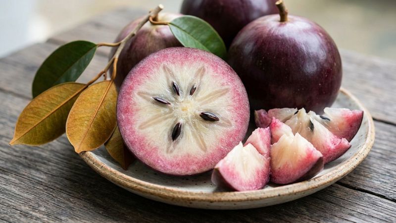 Quả vú sữa tím cắt đôi với phần thịt trắng béo ngậy