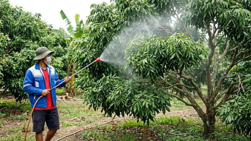 Xịt thuốc kiểm soát dịch bệnh hại trên cây nhãn xuồng cơm vàng