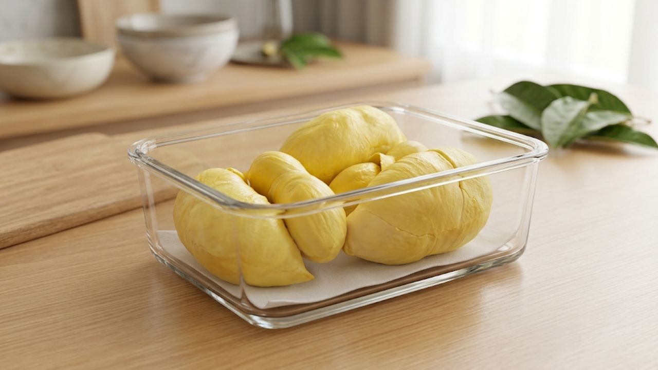 Những múi sầu riêng vàng ươm, căng bóng được xếp gọn gàng trong hộp thủy tinh