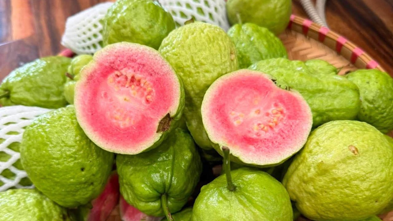 Quả ổi ruột đỏ bổ đôi lộ phần thịt đỏ hồng bắt mắt