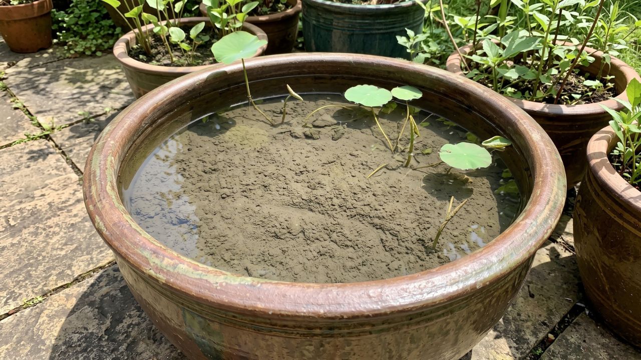 Chậu gốm tròn chứa lớp bùn mịn màu nâu xám đã qua ngâm khử chua, mực nước trong veo cao hơn mặt bùn