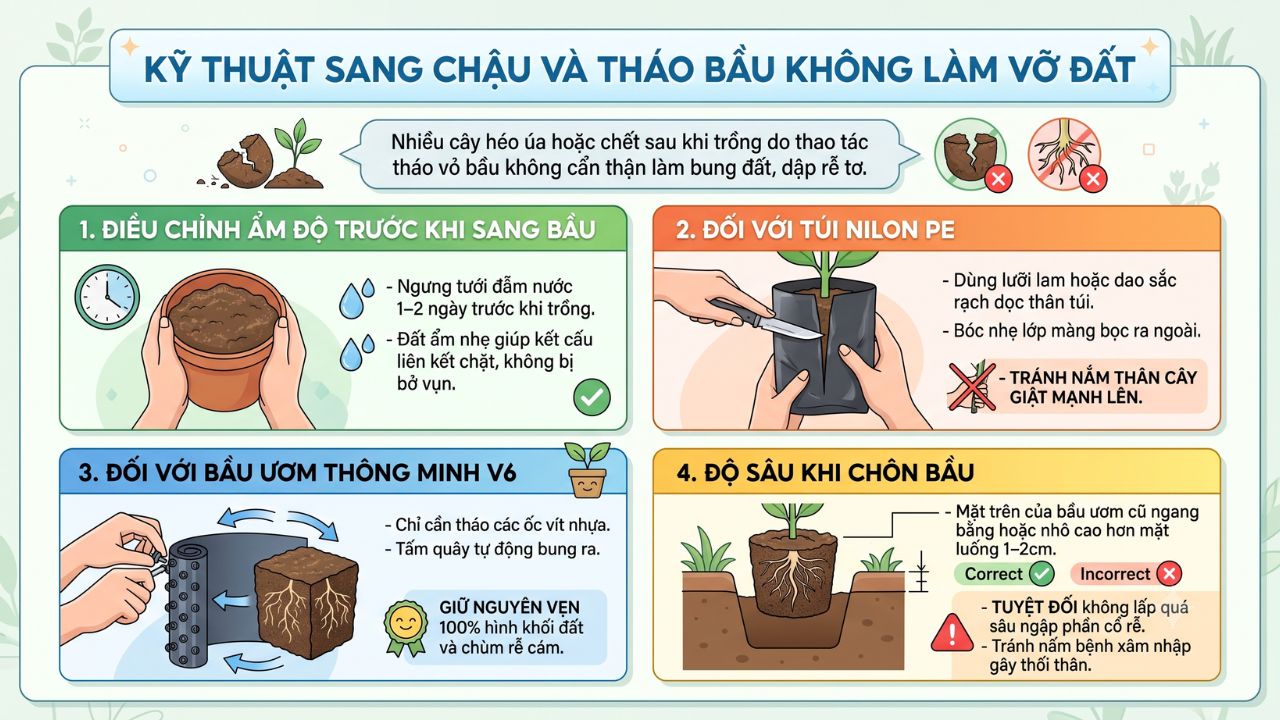 Kỹ thuật sang chậu và tháo bầu không làm vỡ đất