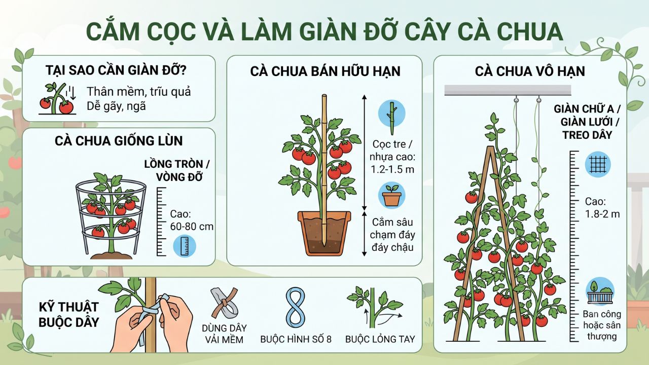 Cắm cọc và làm giàn đỡ cây cà chua