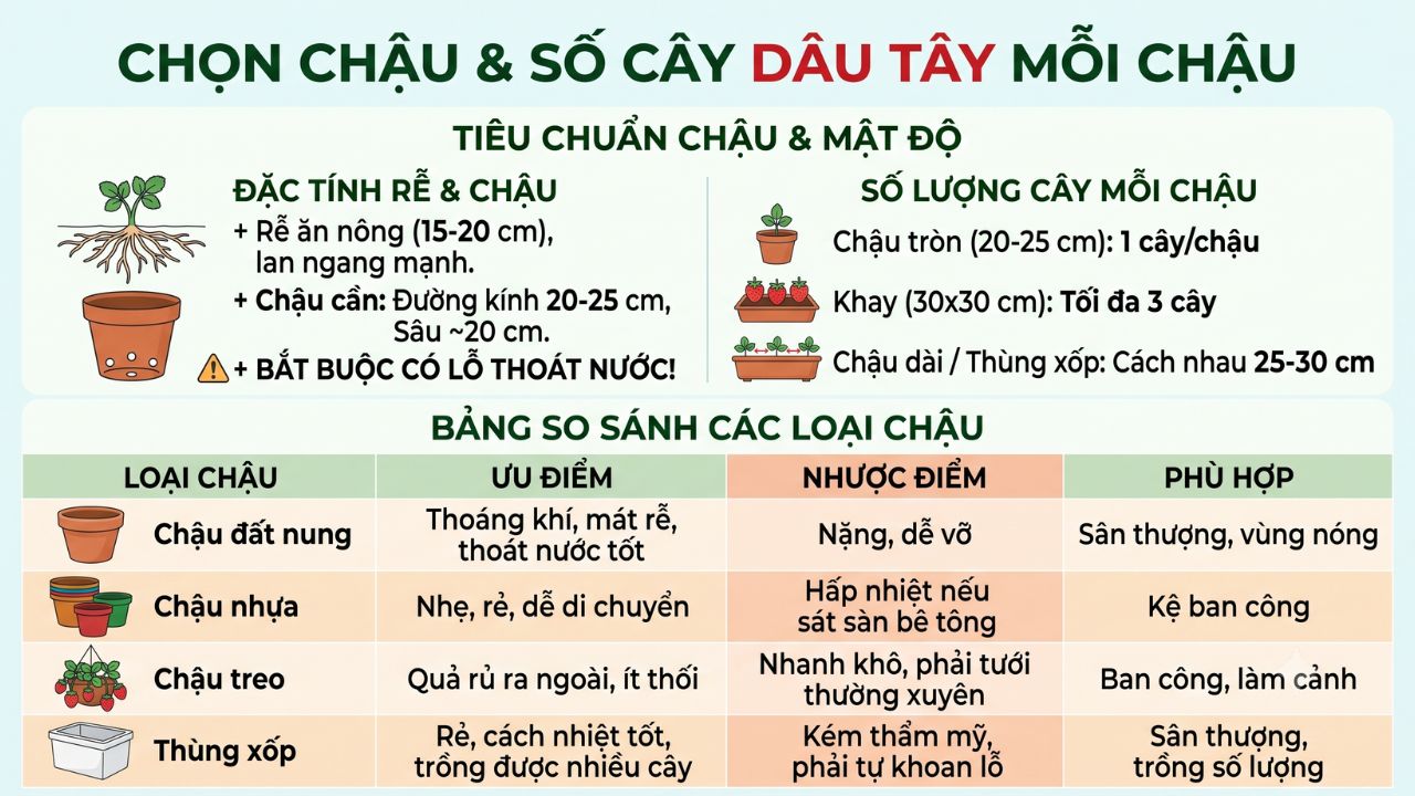 Chọn chậu và số cây dâu tây mỗi chậu