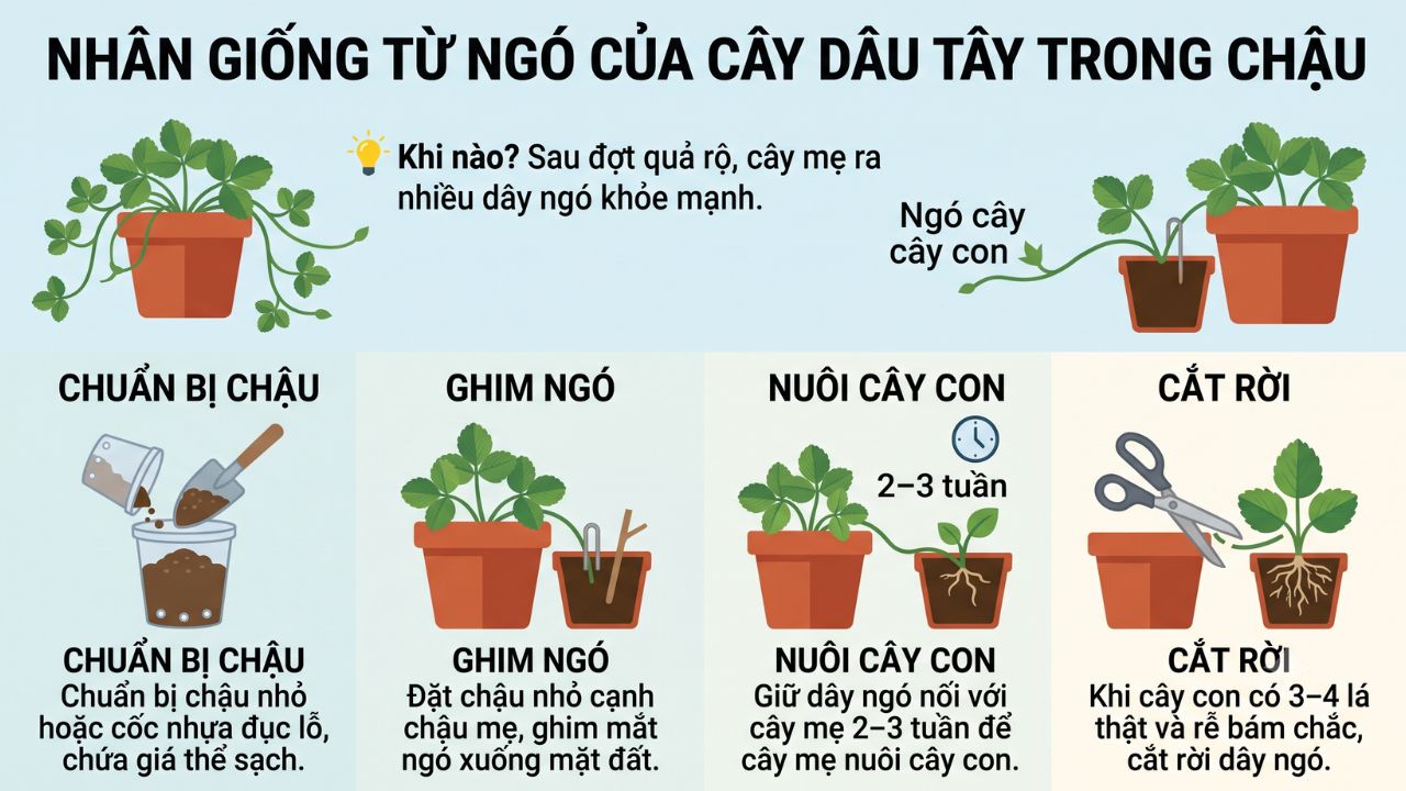 Nhân giống từ ngó của cây dâu tây trong chậu