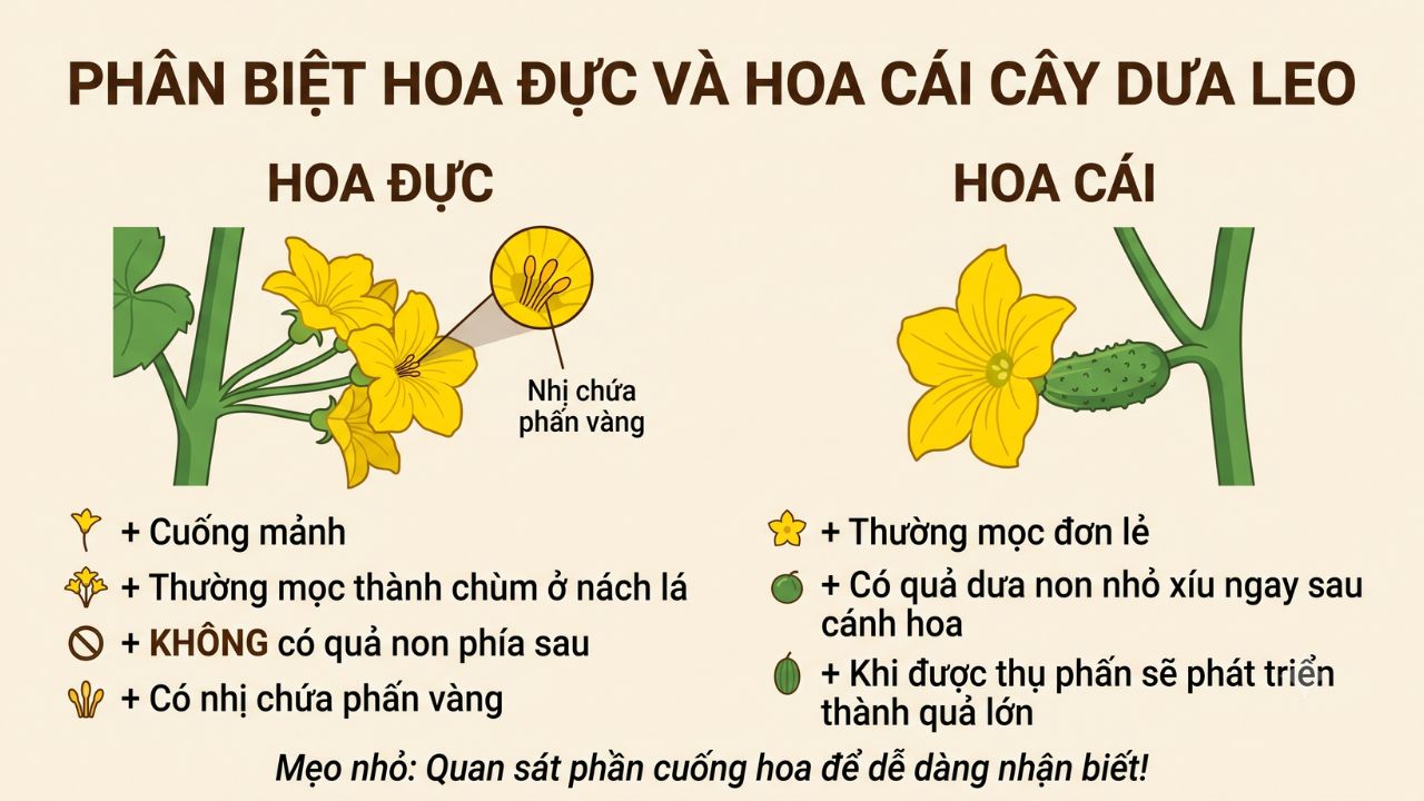 Phân biệt hoa đực và hoa cái trên cây dưa leo