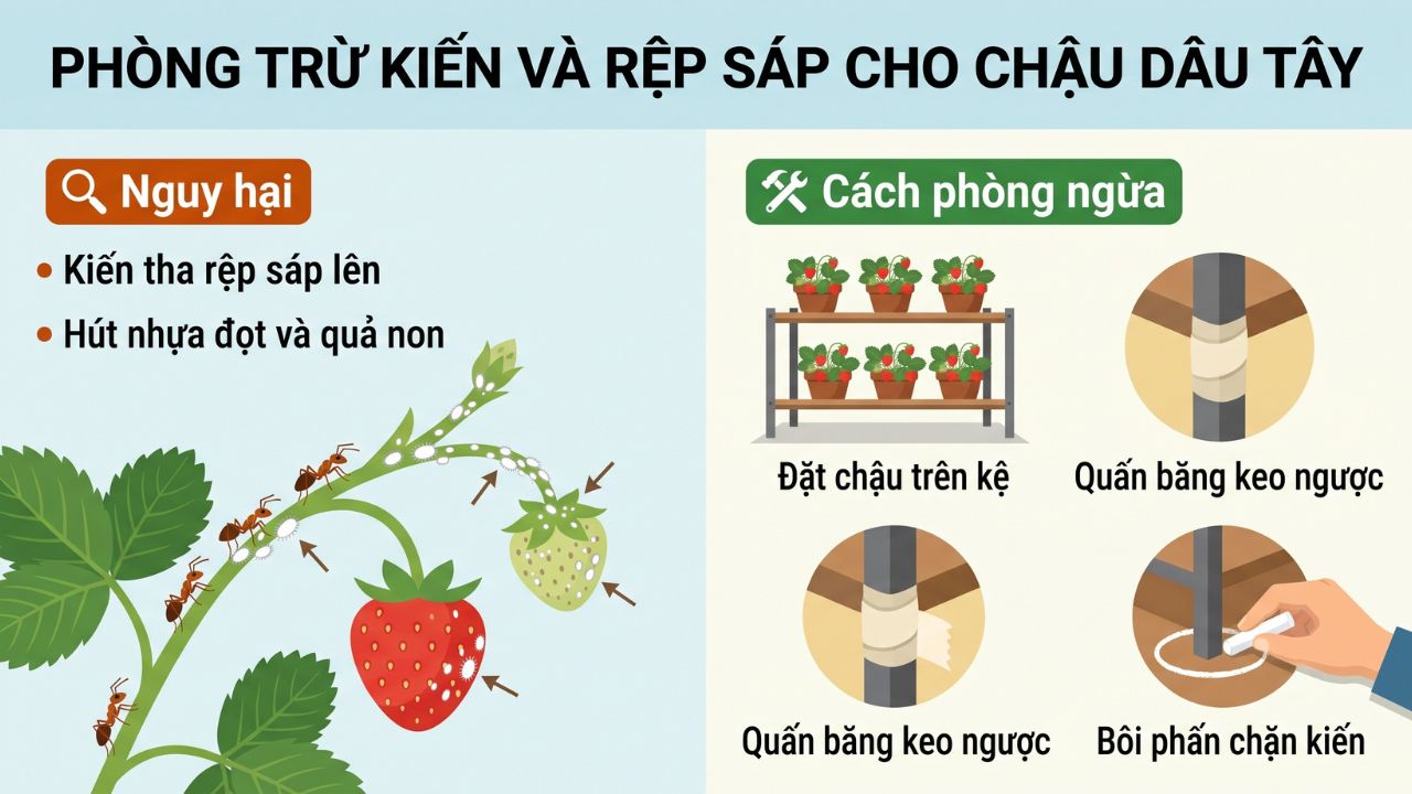 Phòng trừ kiến và rệp sáp cho chậu dâu tây