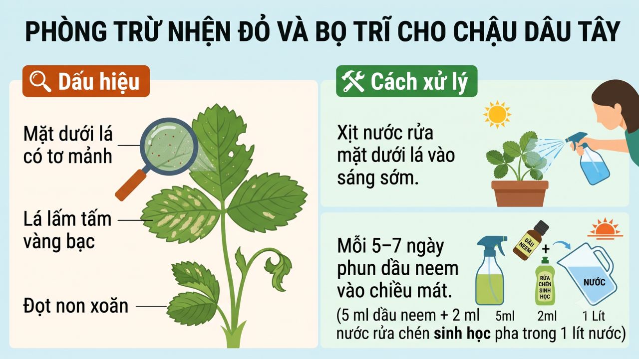 Phòng trừ nhện đỏ và bọ trĩ trên cây dâu tây