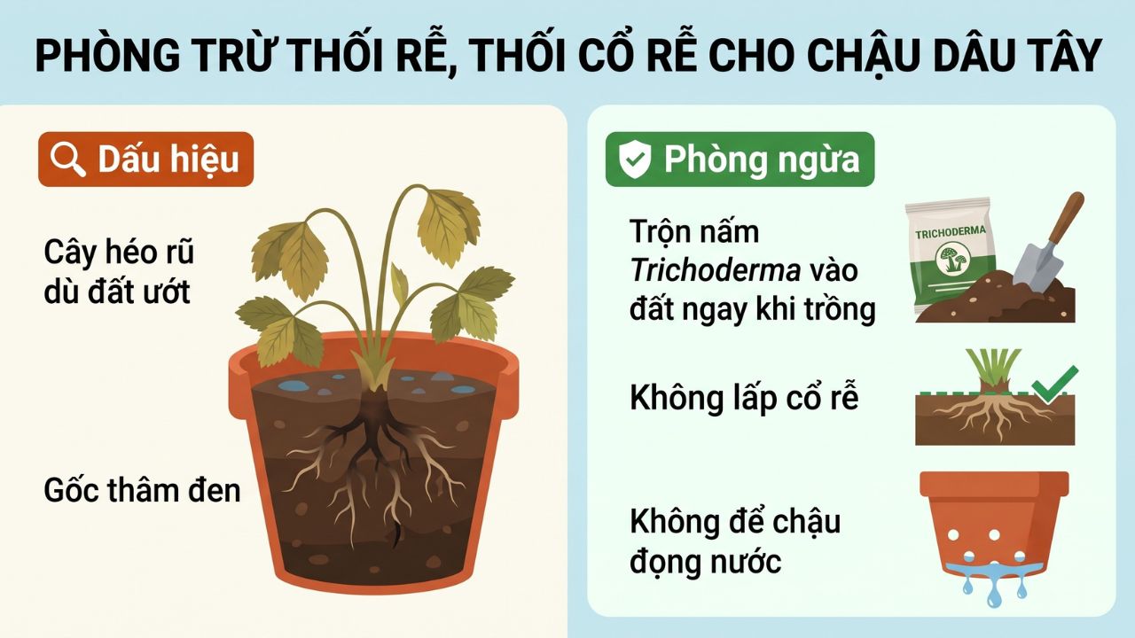 Phòng trù thối rễ, thối cổ rễ cho chậu dâu tây