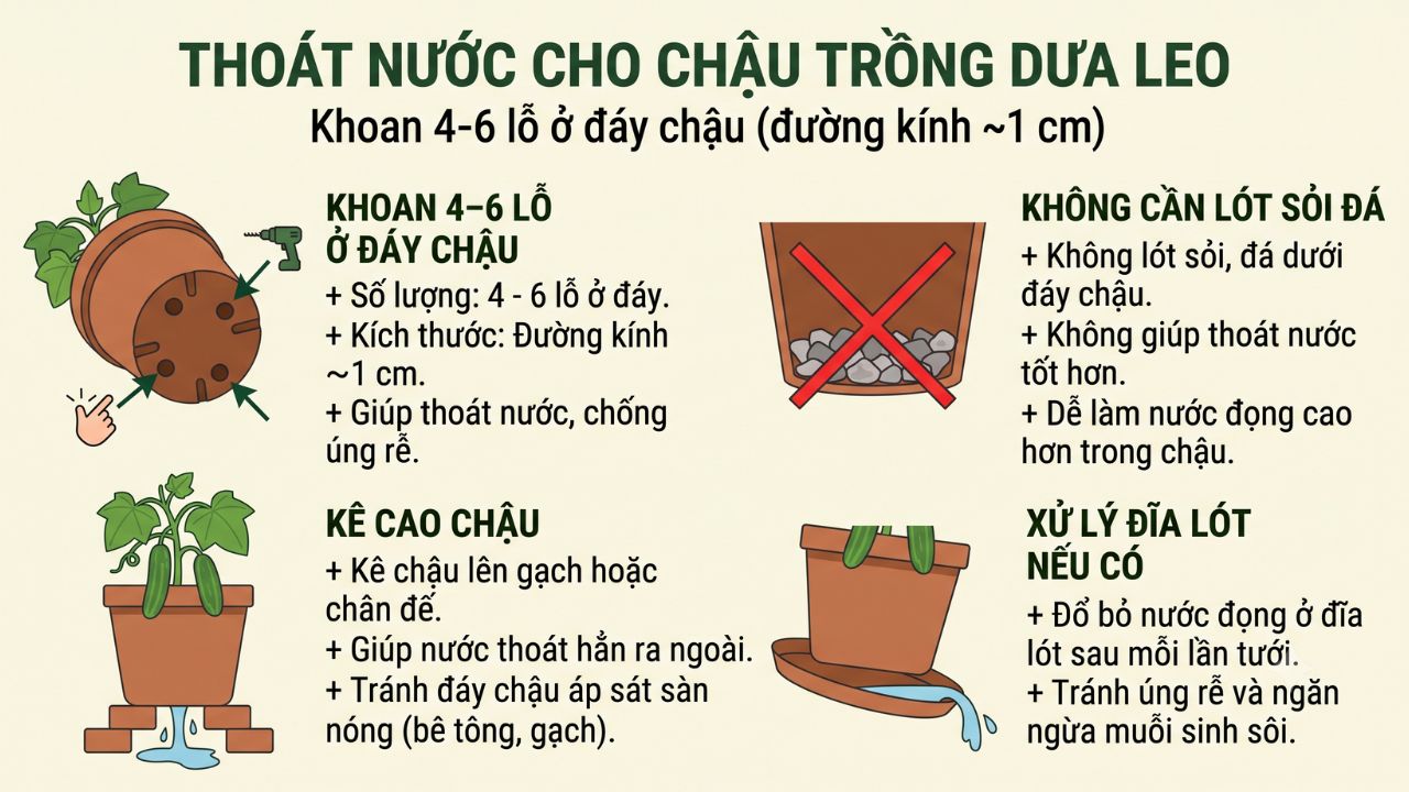 Thoát nước cho chậu trồng dưa leo