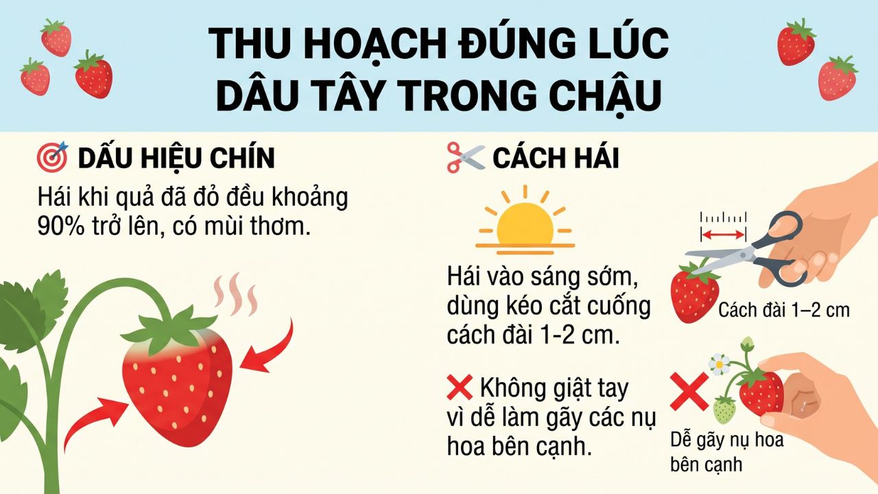 Thu hoạch đúng lúc dâu tây trong chậu