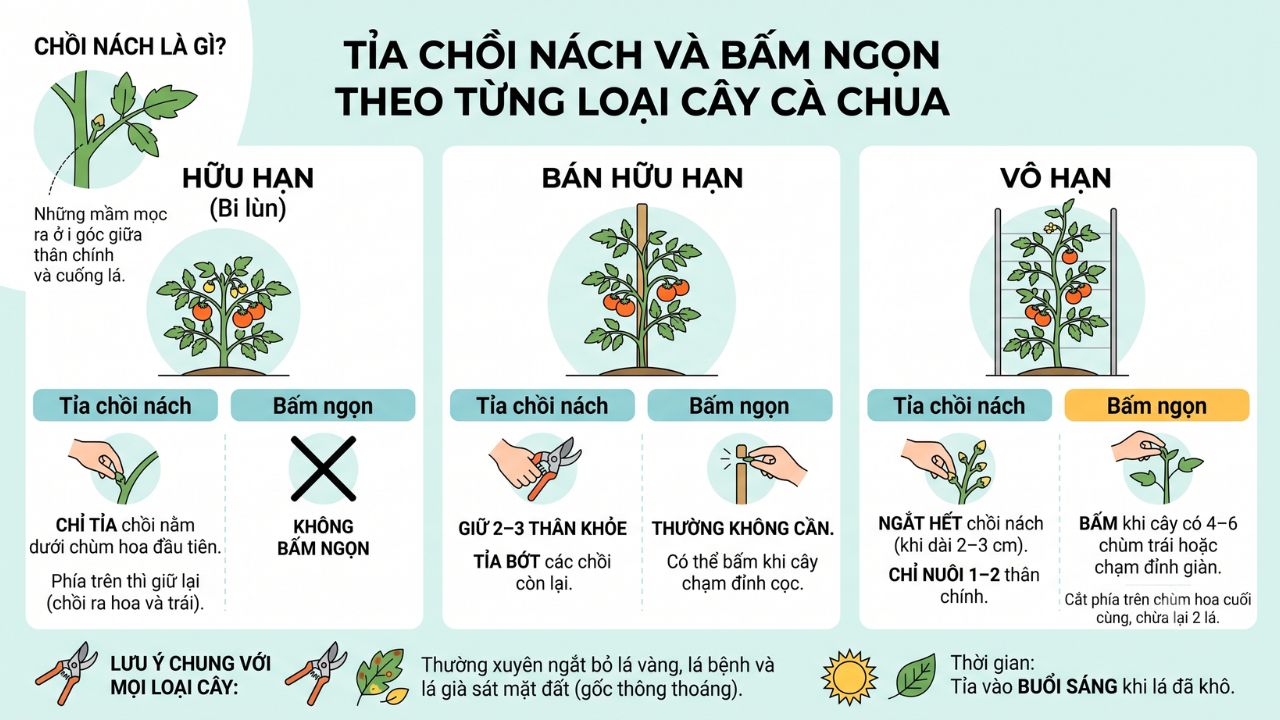 Tỉa chồi nách và bấm ngọn theo từng loại cây cà chua