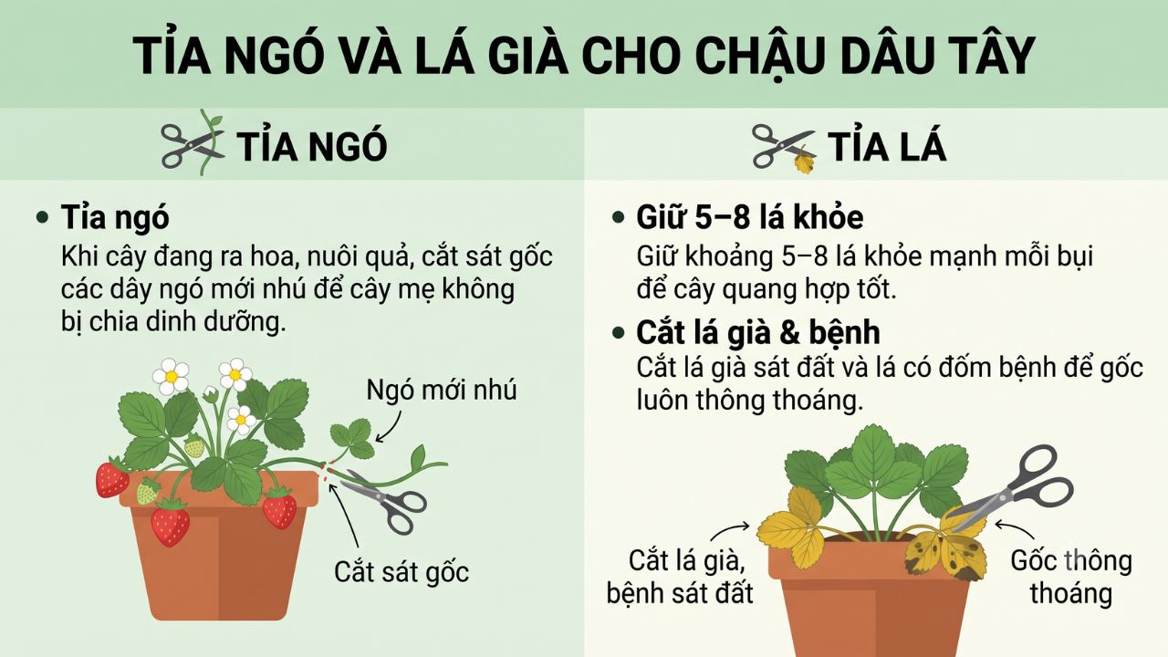 Tỉa ngó và lá già cho chậu dâu tây