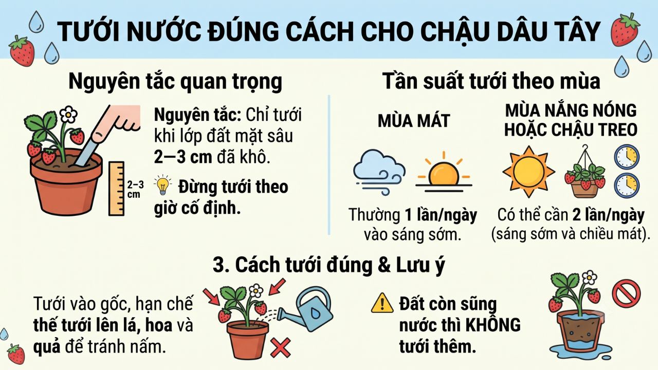 Tưới nước đúng cách cho chậu dâu tây