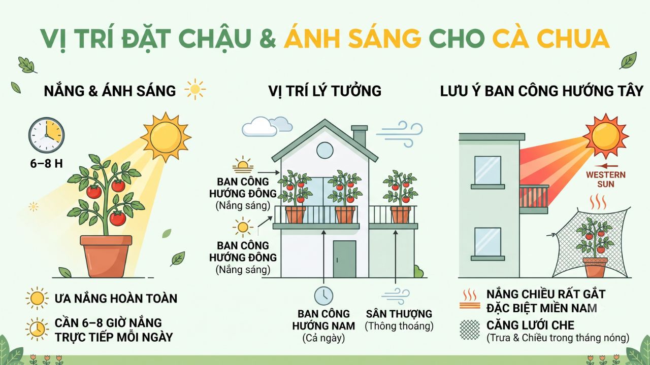 Vị trí đặt chậu và ánh sáng cho cà chua