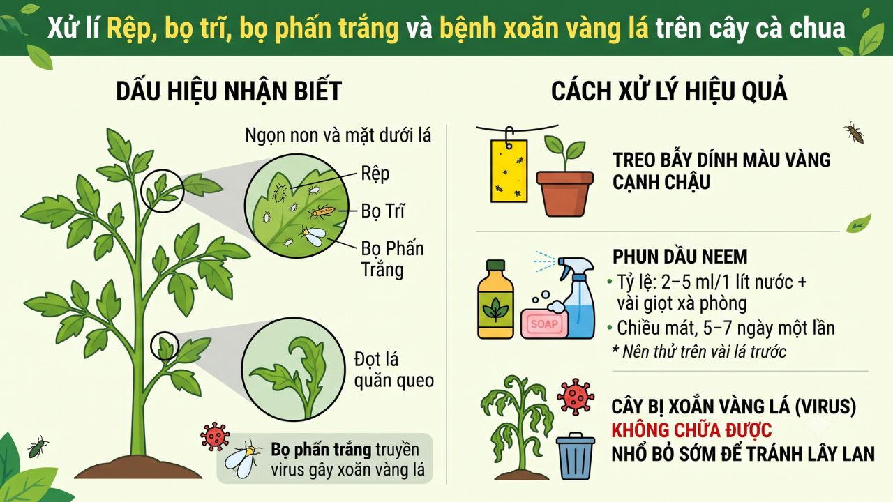 Xử lí rệp, bọ trĩ, bọ phấn trắng và bệnh xoăn vàng lá trên cây cà chua